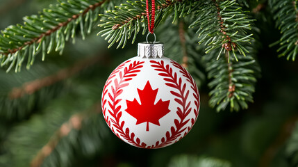 Wall Mural - Closeup of a red and white Christmas tree ornament with a maple leaf pattern, representing Canada, hanging on a tree branch 