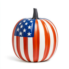 Poster - Halloween pumpkin decorated in the colors of the American flag, with red, white, and blue stripes and stars, isolated on white 