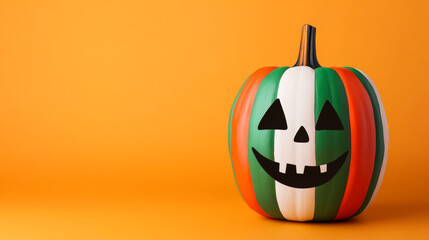 Sticker - Halloween pumpkin with the Mexican flag colors, green, white, and red, carved with a spooky face, isolated on a gradient background 