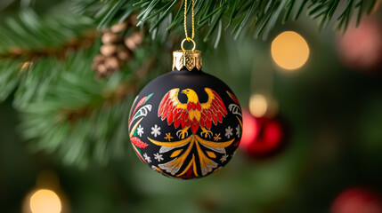 Sticker - Isolated shot of a black, red, and yellow ornament with an eagle pattern representing Germany, hanging on a tree, gradient background 