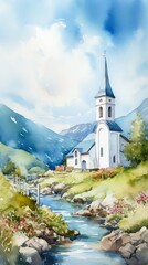 Wall Mural - Watercolor of a modern church in a small village