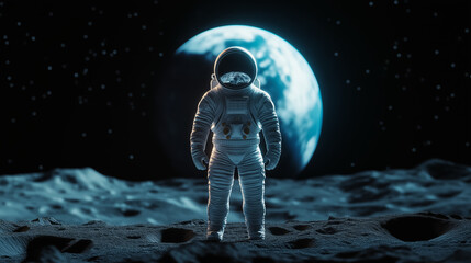 retro-futuristic astronaut in a sleek spacesuit, standing on a neon-lit moon surface, wide shot with