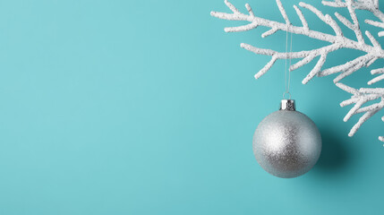 Poster - Simple background with a silver Christmas tree ball hanging on a white branch, blue gradient backdrop, empty space for text 