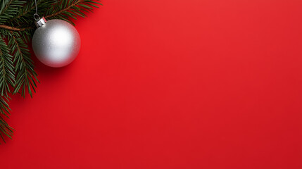 Poster - Simple red background with a silver Christmas ornament, pine needles framing the left side, empty space for text 