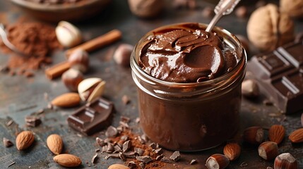 Poster - Chocolate paste with nuts in a jar Dessert Vegetarian food : Generative AI