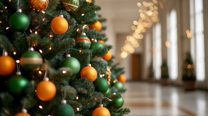 Canvas Print - Wide-angle shot of a Christmas tree decorated with green and orange ornaments representing Ireland, fairy lights creating a cozy glow 