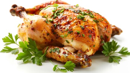 Wall Mural - Tasty roasted chicken with parsley isolated on white : Generative AI