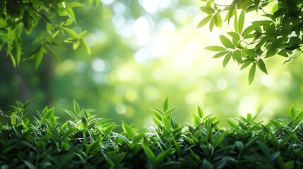 Poster - Blurred photogreen tree background View of the wild grass lawn Light sky : Generative AI