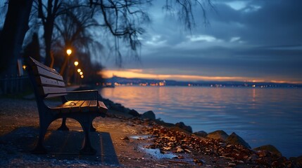 Germany BadenWurttemberg Radolfzell Empty park bench on shore of Lake Constance at dusk : Generative AI