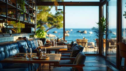 Interior of cozy restaurant with sea view Contemporary design in loft style modern dining place and bar counter : Generative AI