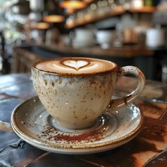 Wall Mural - Freshly Brewed Cappuccino with Heart Shaped Latte Art in Ceramic Cup on Cafe Table