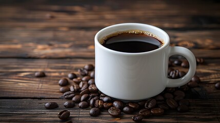 Poster - Freshly Brewed Black Coffee in Classic White Mug Surrounded by Roasted Coffee Beans on Wooden Table