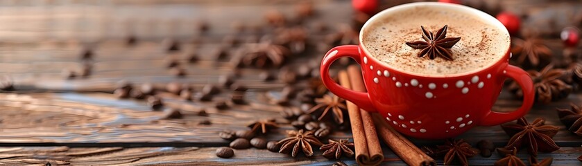 Sticker - Festive Holiday Spiced Coffee in a Cozy Red Mug on a Rustic Wooden Table