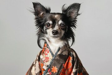 Canvas Print - A small dog wearing a kimono