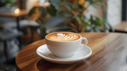 Wall Mural - Flat White Coffee Cup with Delicate Latte Art on Modern Caf Table