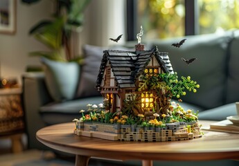 Happy Halloween. Plastic building blocks set featuring an old haunted house, with greenery and flying bats around the scene, blurred background. 