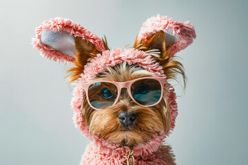 Poster - A small dog wearing a pink bunny costume and sunglasses