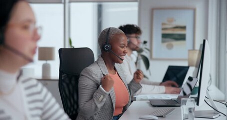 Poster - Call center, celebration and woman with headset at desk for service, customer subscription or telemarketing. CRM, computer and happy consultant for goal, sales target or achievement in office