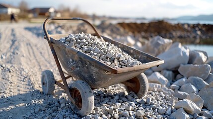 Sturdy wheelbarrow loaded with gravel ready for action next to a larger gravel pile Ideal for construction landscaping and hard work imagery : Generative AI