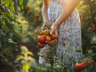 Woman holding harvest in garden, selective focus photography capturing nature s bounty