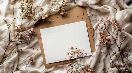 Wall Mural - Blank greeting card invitation and envelope mockup  Happy mothers day womens day or birthday wedding composition Minimal floral frame made of dry flowers and branches Flat lay top view : Generative AI