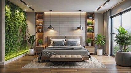 Modern bedroom with stylish lighting, a comfortable bed, and plants , sleek, modern, bedroom, stylish, lighting