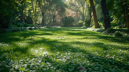 Poster - Green square lawn and forest natural landscape in city park : Generative AI