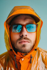 Sticker - A man wearing a yellow raincoat and blue sunglasses