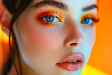 Poster - A close up of a woman's face with bright orange and yellow makeup