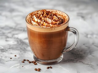 Canvas Print - Steaming Hot Mocha Coffee in Glass Mug on Marble Countertop Copy Space