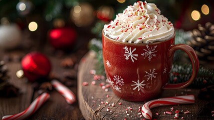 Wall Mural - Festive Peppermint Mocha in Cozy Mug on Wooden Table