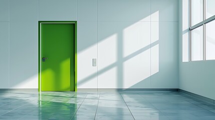 Poster - Interior of bright white room with green closed door in modern hospital : Generative AI