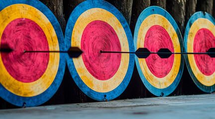 Row of circle archery target. Arrow sport or game accuracy, aim at center, hit, shot, goal, competition. business concept. leader. target