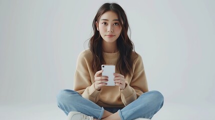 Aufkleber - Young beautiful Asian woman in casual clothes sitting on the floor and using her smartphone isolated white background chatting video call social media : Generative AI