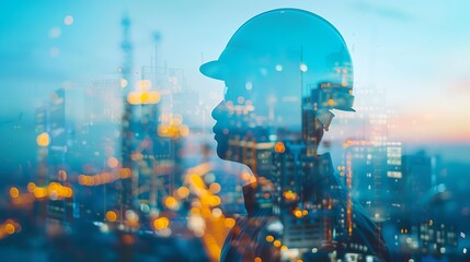 Aufkleber - Engineering worker future industry double exposure city concept construction building city development planning innovation contractor technician architect city background blue banner : Generative AI