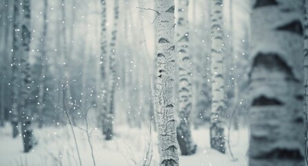 Wall Mural - Winter Sunlight Shining Through Birch Trees in a Snowy Forest at Dawn