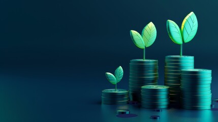 Wall Mural - Green Shoots Growing from Stacks of Coins on a Blue Background