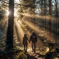 Sticker - Couple Hand in Hand Hiking Through Sunlit Forest with Beams of Light