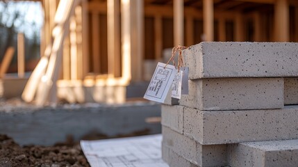 Wall Mural - stack of concrete foundation blocks with price tags attached. partially constructed foundation wall 