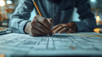 Aufkleber - Black man office and drawing on blueprint with pencil for planning a building design layout and project as architect Table construction and engineering person with idea for property re : Generative AI