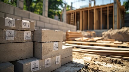 Wall Mural - stack of concrete foundation blocks with price tags attached. partially constructed foundation wall 