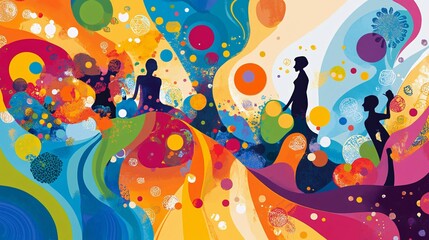 A colorful, abstract banner featuring people of various backgrounds casting their votes, with swirling patterns and vibrant colors blending into a dynamic and engaging design.