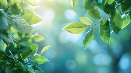 Poster - Summer background of blue and green blurred foilage and sky with bright bokeh Blurry abstract summer background Natural green leaves using as cover page greenery environment ecology ba : Generative AI
