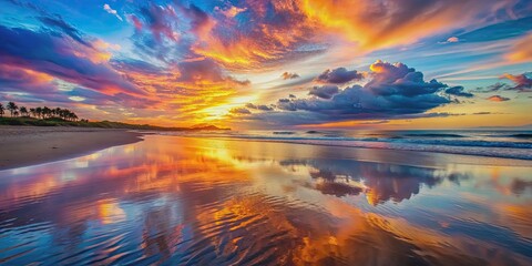 Wall Mural - sunset over a beautiful beach with colorful sky reflections on the water, sunset, beach, colorful, s