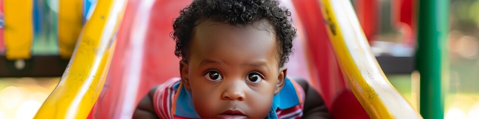 A young boy with curly hair looks intensely at the camera while sitting on a playground slide.