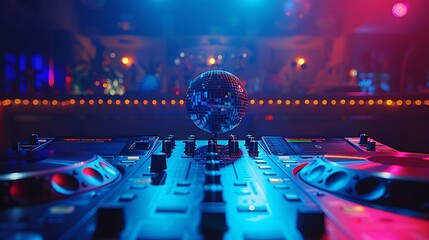 Poster - Empty DJ mixing panel at funky club spotlights and disco ball at the bar used for dancing and clubbing Dance floor at discotheque with audio equipment station used for partying nightli : Generative AI