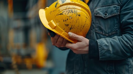 Wall Mural - Helmet construction Engineer team Men hands holding hardhat yellow work helmet in Civil Construction Engineering Close up engineer man hold safety yellow worker helmet hard hat at Cons : Generative AI