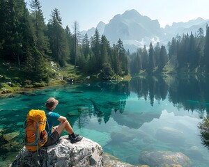 Sticker - Hiker Resting on Rock Enjoying Serene View of Crystal Clear Mountain Lake