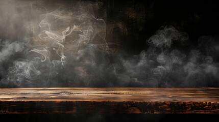 Aufkleber - On a black background an empty wooden table with smoke floats up Empty space for displaying your products with a smoke float up on a dark background Space available for displaying your : Generative AI