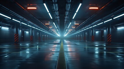Poster - Sci fi looking dark and moody underground parking lot with fluorescent lights on  Long hall : Generative AI